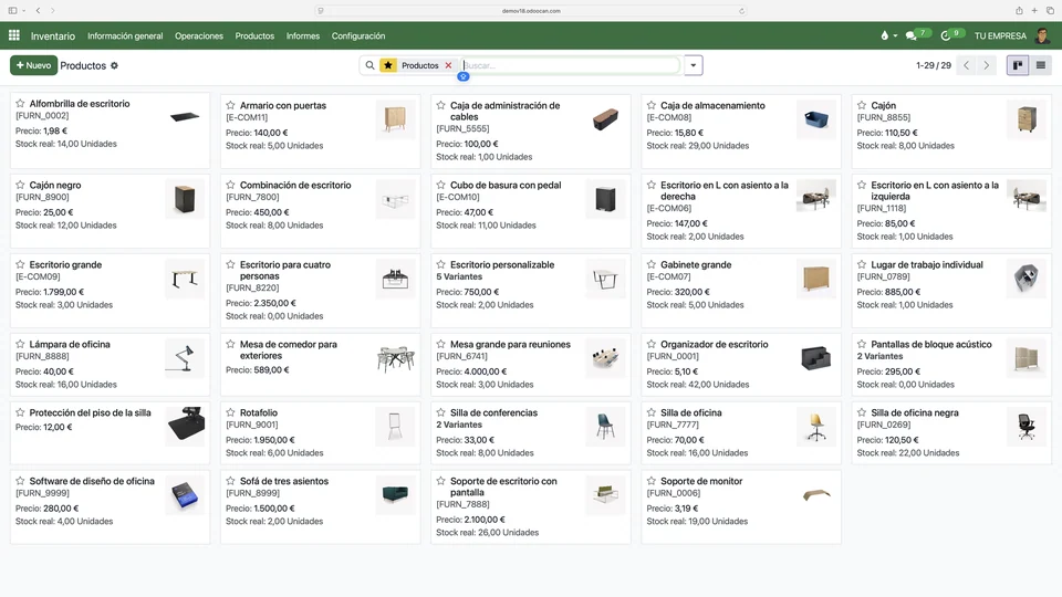 Productos y existencias de Odoo en una tablet.