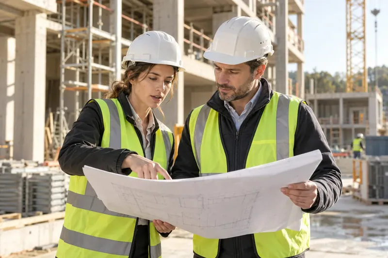 Profesionales de construcción revisan un plano en una obra.
