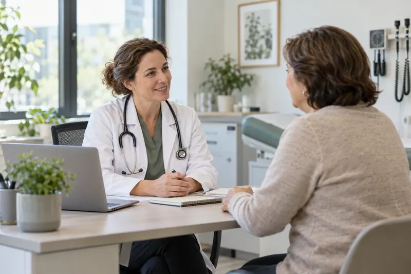Una médica conversa con una paciente en una consulta.