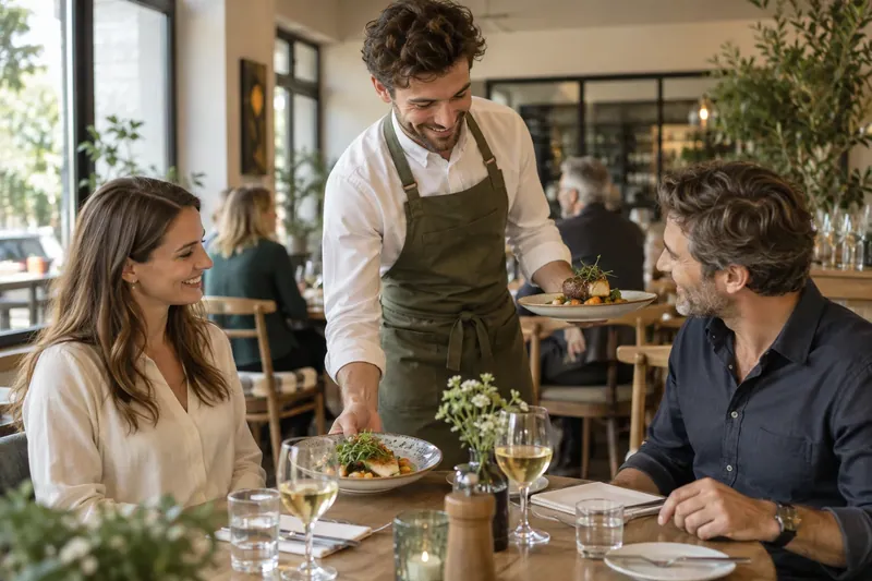 Un camarero sirve la comida en la mesa de un restaurante.